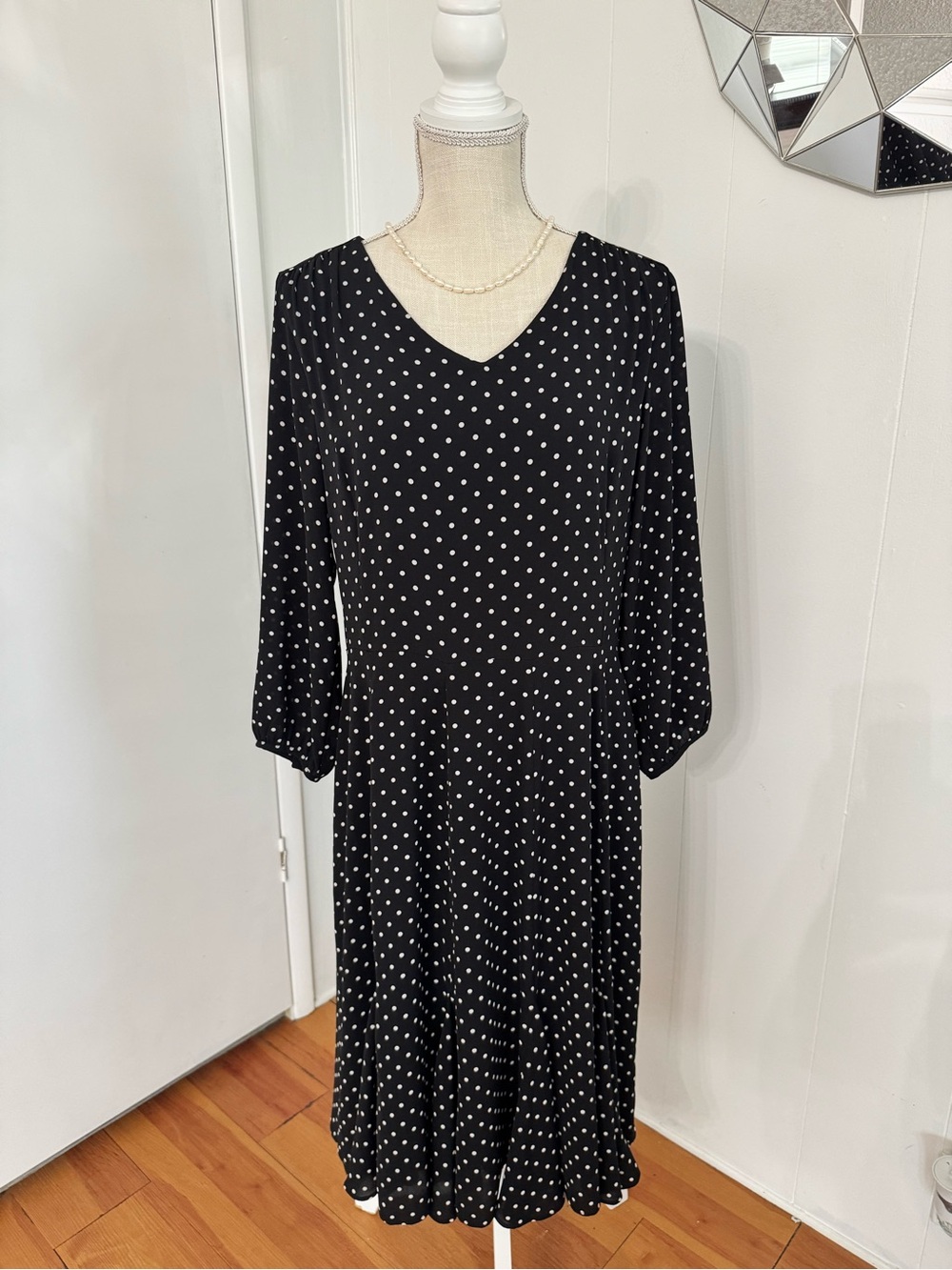 Talbots Black Polka Dot V-Neck Midi Dress